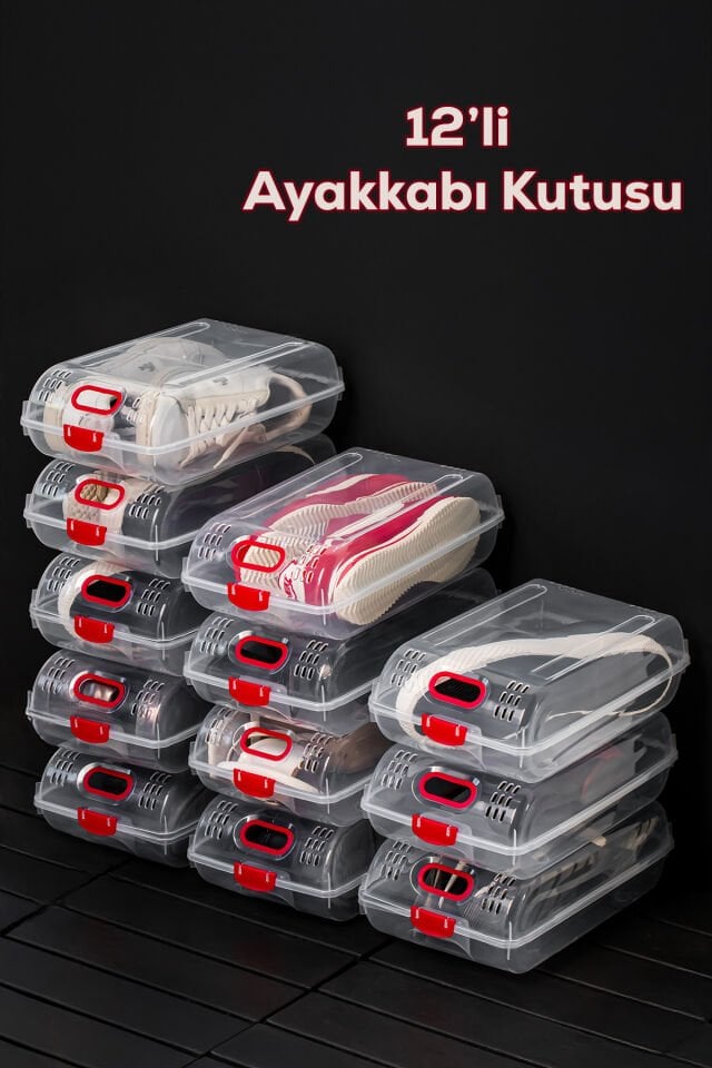 Porsima 204-12 Kadın ve Çocuk Ayakkabı Saklama Kutusu - Şeffaf Pratik Ayakkabı Kabı Düzenleyici Saklama Seti 12 Adet