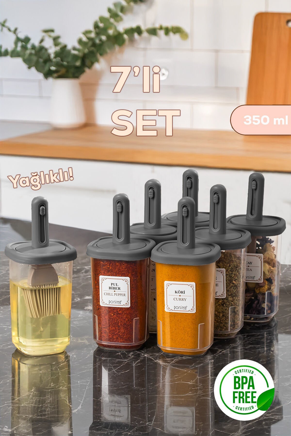 Porsima 4364 7li Kaydırmalı Kaşıklı Sızdırmaz Kapaklı Etiketli Baharatlık Seti - Saklama Kabı