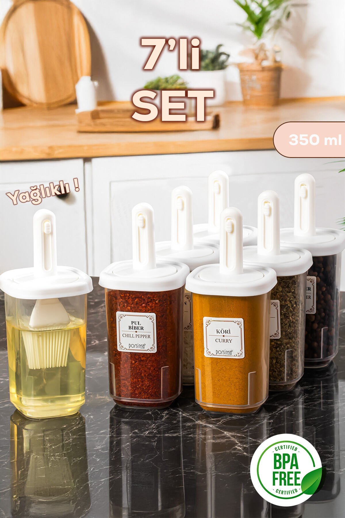 Porsima 4365 7li Kaydırmalı Kaşıklı Sızdırmaz Kapaklı Etiketli Baharatlık Seti - Saklama Kabı