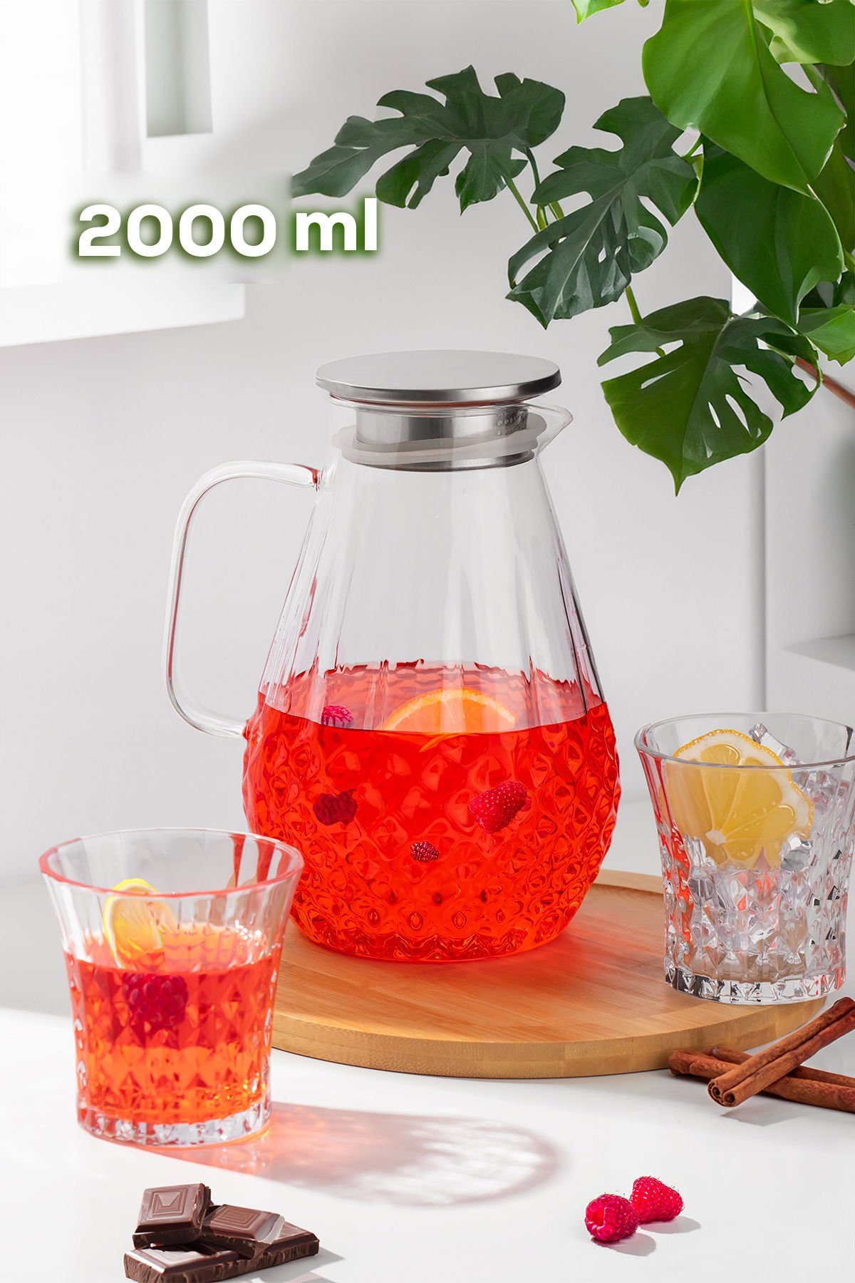 Porsima 20-0097 Borosilikat Cam Sürahi Metal Kapaklı Cam Karaf - Detoks Sürahi 2700 ML