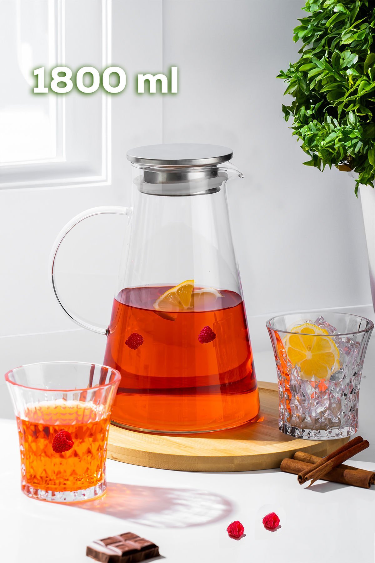 Porsima 20-0098 Borosilikat Cam Sürahi Metal Kapaklı Cam Karaf - Detoks Sürahi 1800 ML