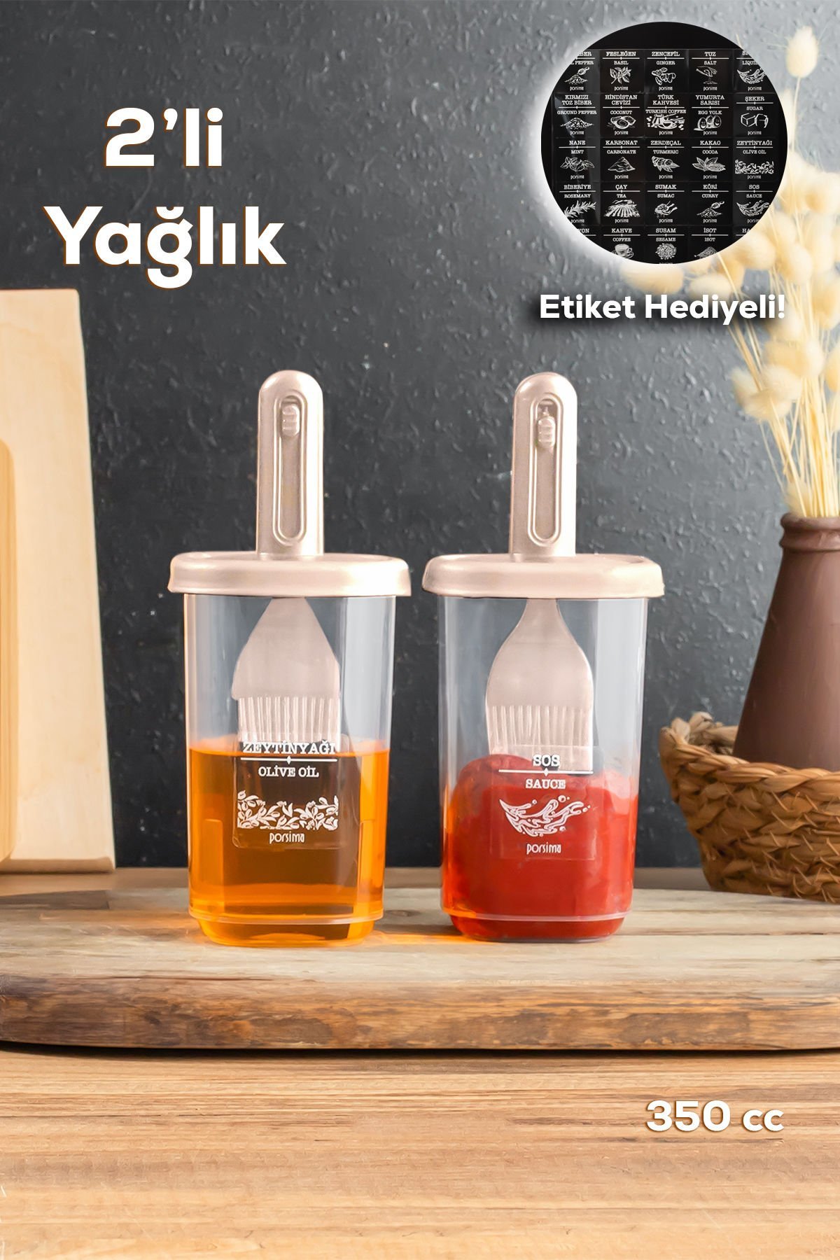 Porsima 0520 2'li Etiketli Silikon Fırçalı Yağlık - Sosluk-Yağdanlık Erzak Saklama Kabı 350cc -