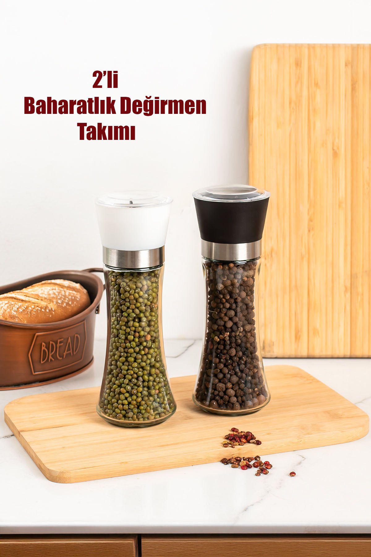 Porsima 2li Baharat Öğütücü Cam Değirmen Baharat Değirmeni El Değirmeni Tuz Karabiber Öğütücü Baharatlık