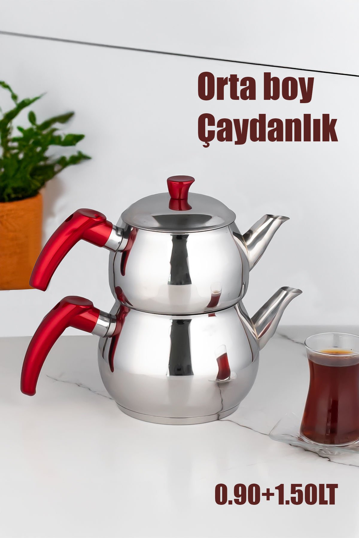 Porsima 3NO Dayanıklı Orta Boy Paslanmaz Çelik Çaydanlık 0.90+1.50LT Çaydanlık Takımı