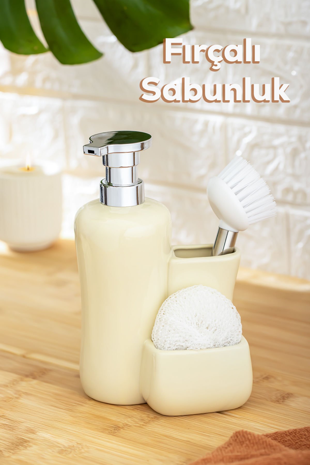 Porsima 277745 Tezgah Üstü Porselen Krem Sıvı Sabunluk Fırçalı Süngerlikli Sabunluk (550ml) 20cm