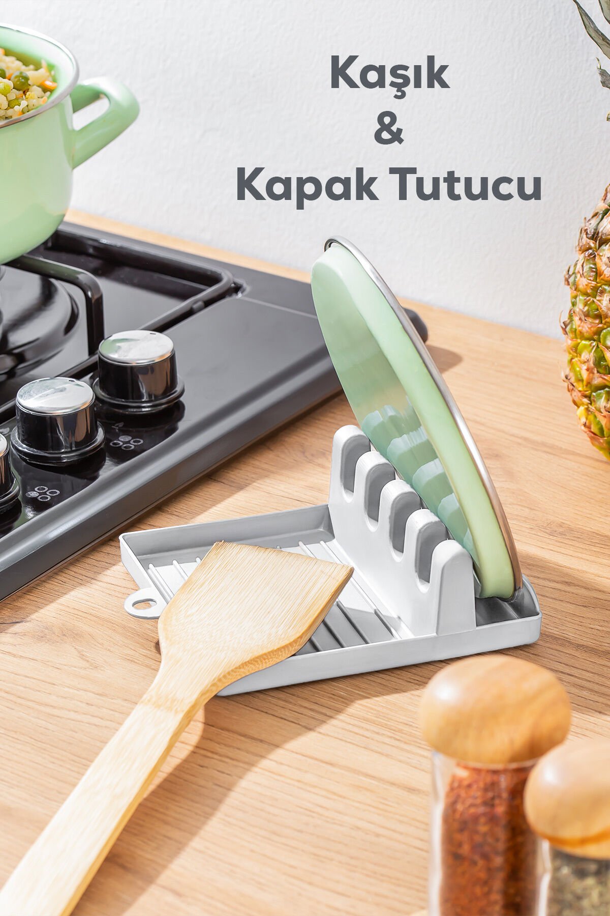 Porsima ORG-85-1 Kaşık ve Kapak Tutucu - Kapak Standı Kaşık Kepçe Altlığı Düzenleyici Organizer - Gri