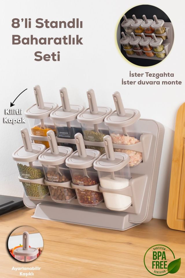 Porsima 1123 Standlı Kaydırmalı Kaşıklı 360° Döner Kapaklı Etiketli Baharatlık Seti - Erzak Saklama Kabı