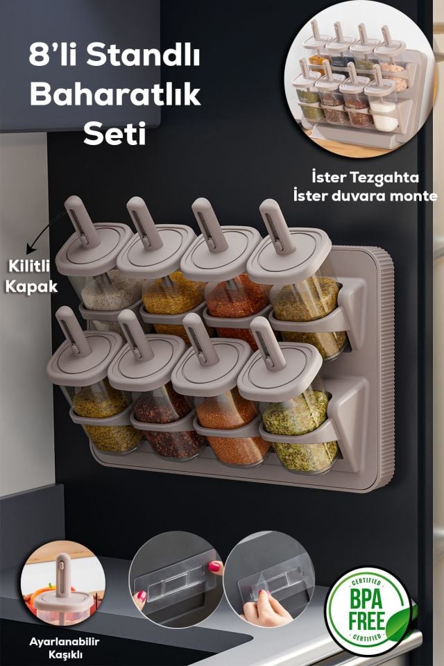 Porsima 1123 Standlı Kaydırmalı Kaşıklı 360° Döner Kapaklı Etiketli Baharatlık Seti - Erzak Saklama Kabı