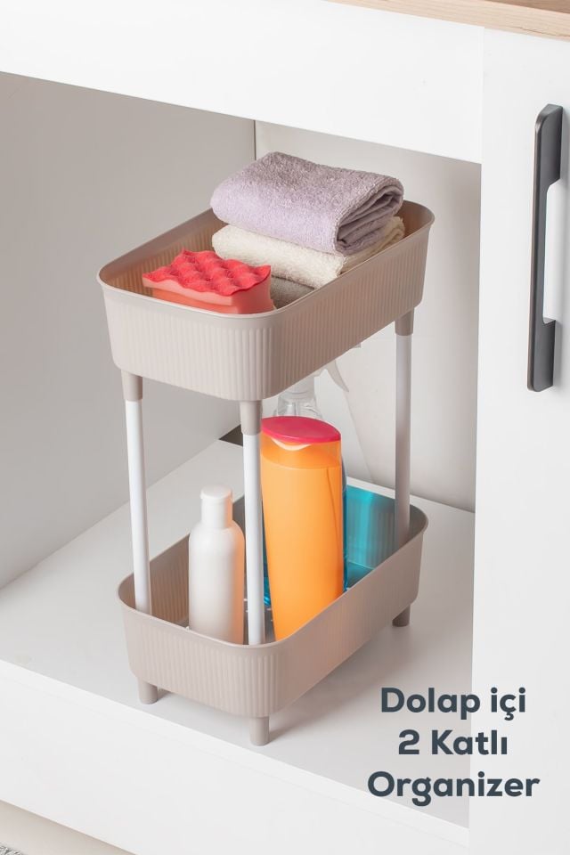 Porsima 1130 İki Katlı Raf - Çok Amaçlı 2 Katlı Evye Altı Düzenleyici Dolap Içi Tezgah Altı Organizer-Cappuccino