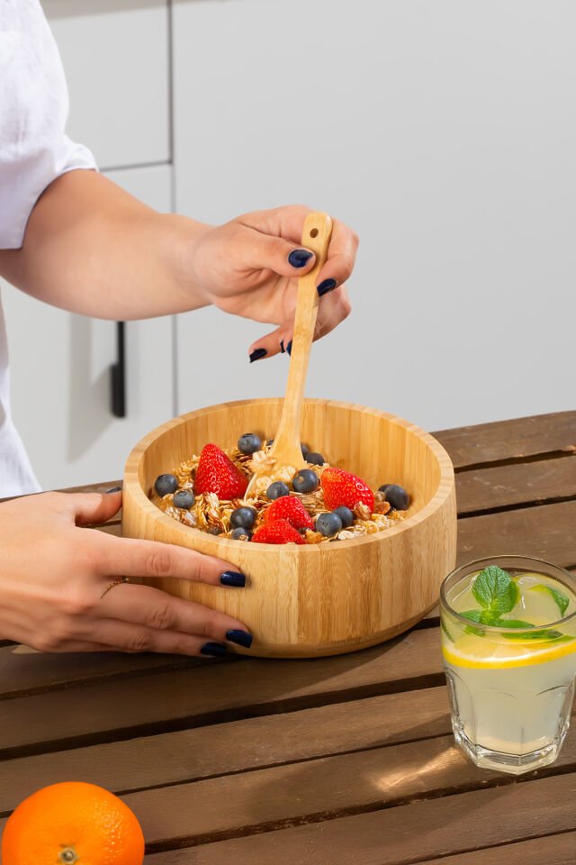 Porsima 2074 Orta Boy Doğal Bambu Salata Kasesi 18cm
