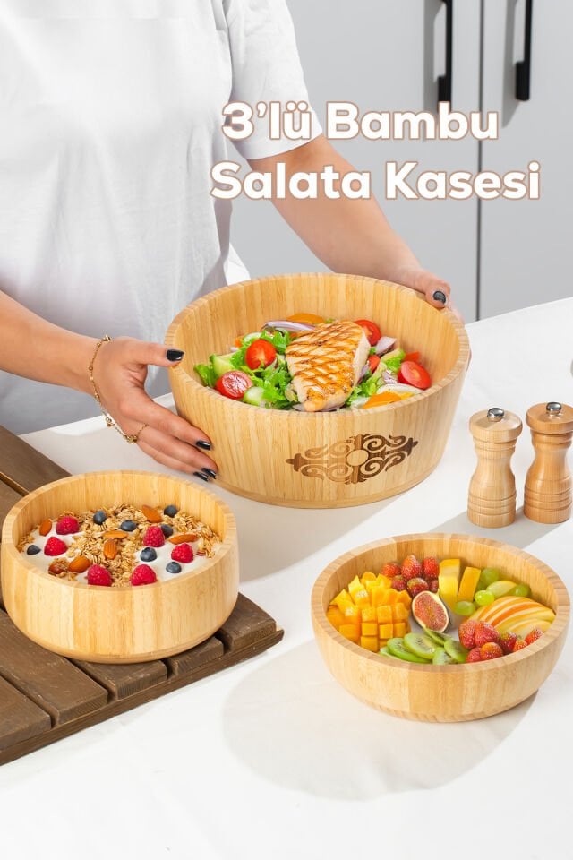 Porsima 3lü Doğal Bambu Salata Kasesi Seti