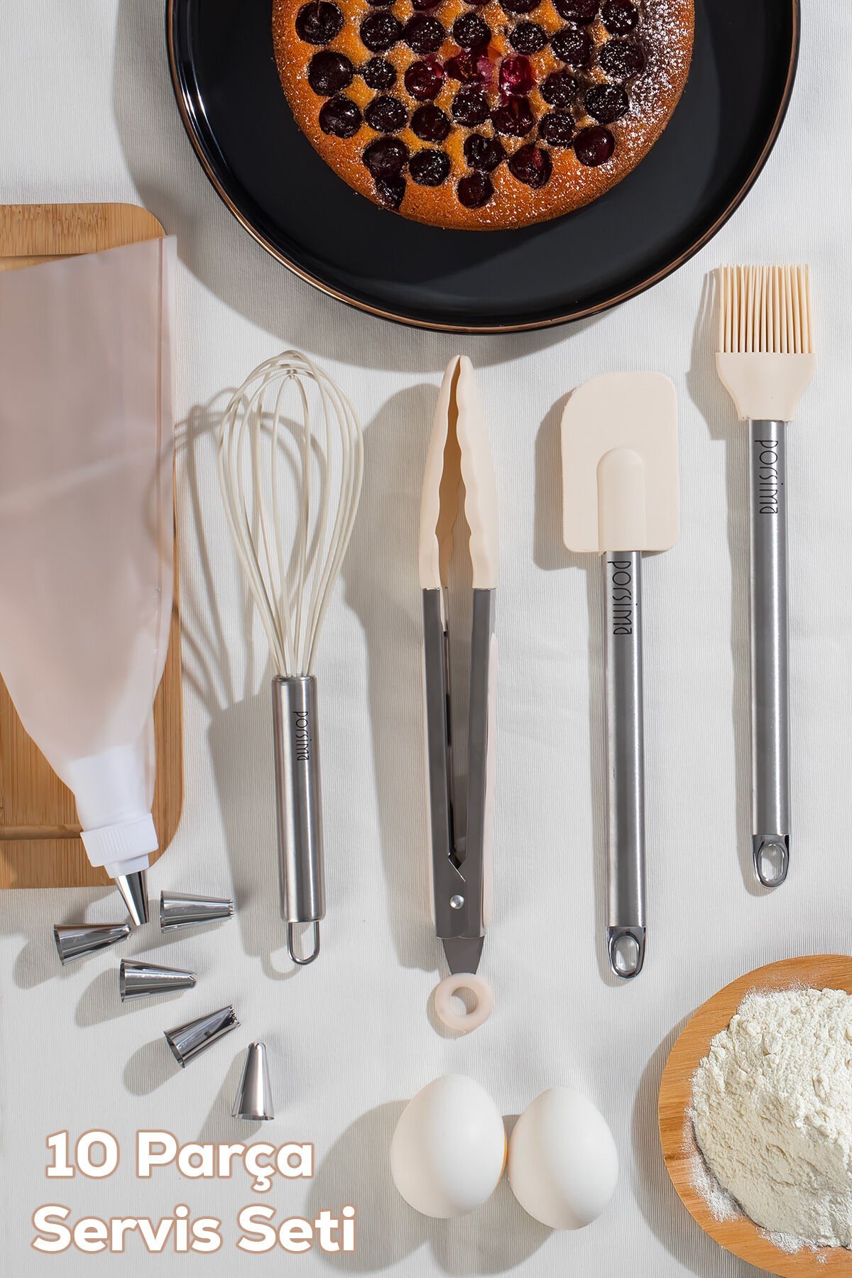 Porsima 3160 10 Parça Pasta ve Tatlı Servis Seti Kek Pasta ve Şekerleme Araçları Beyaz
