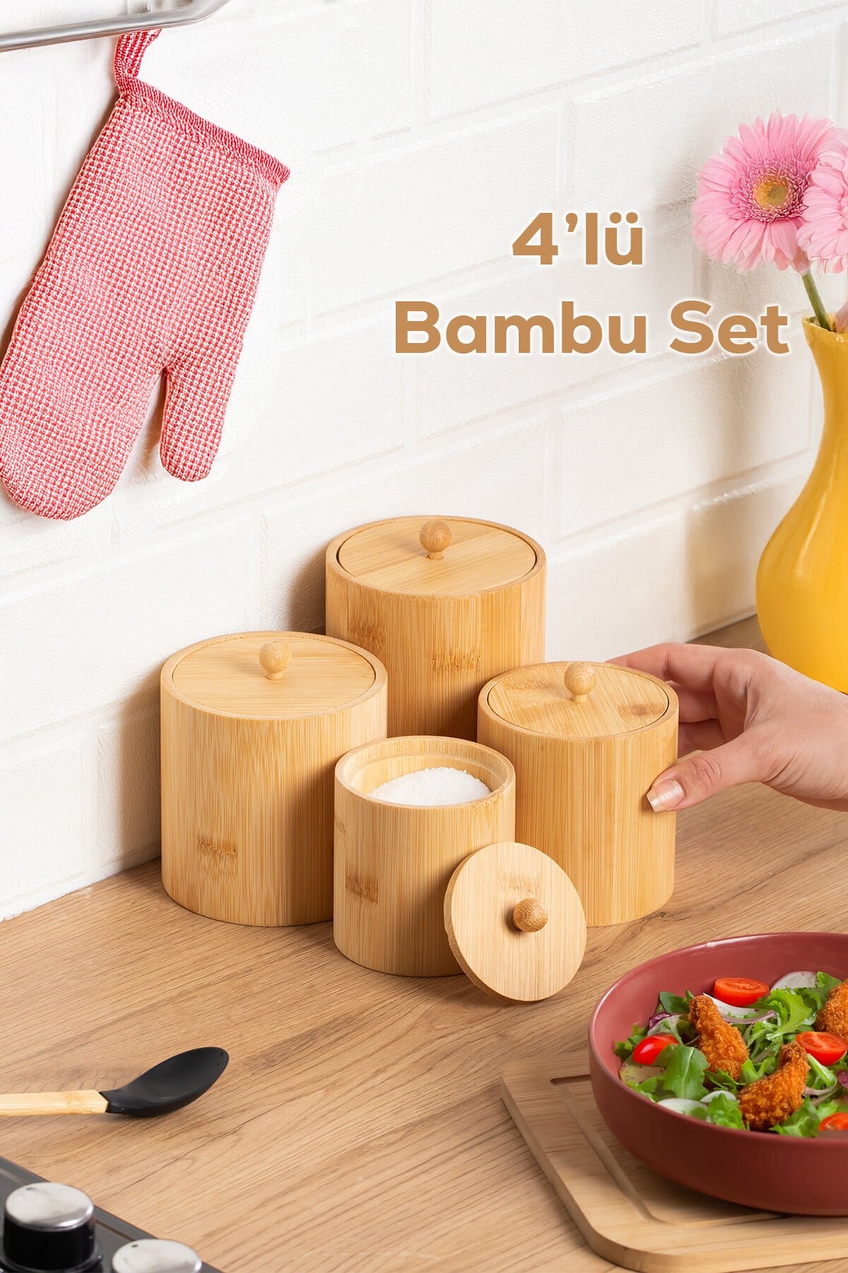 Porsima 4361 Bambu Çok Amaçlı Saklama Kabı Organizer 4lü Baharat Seti
