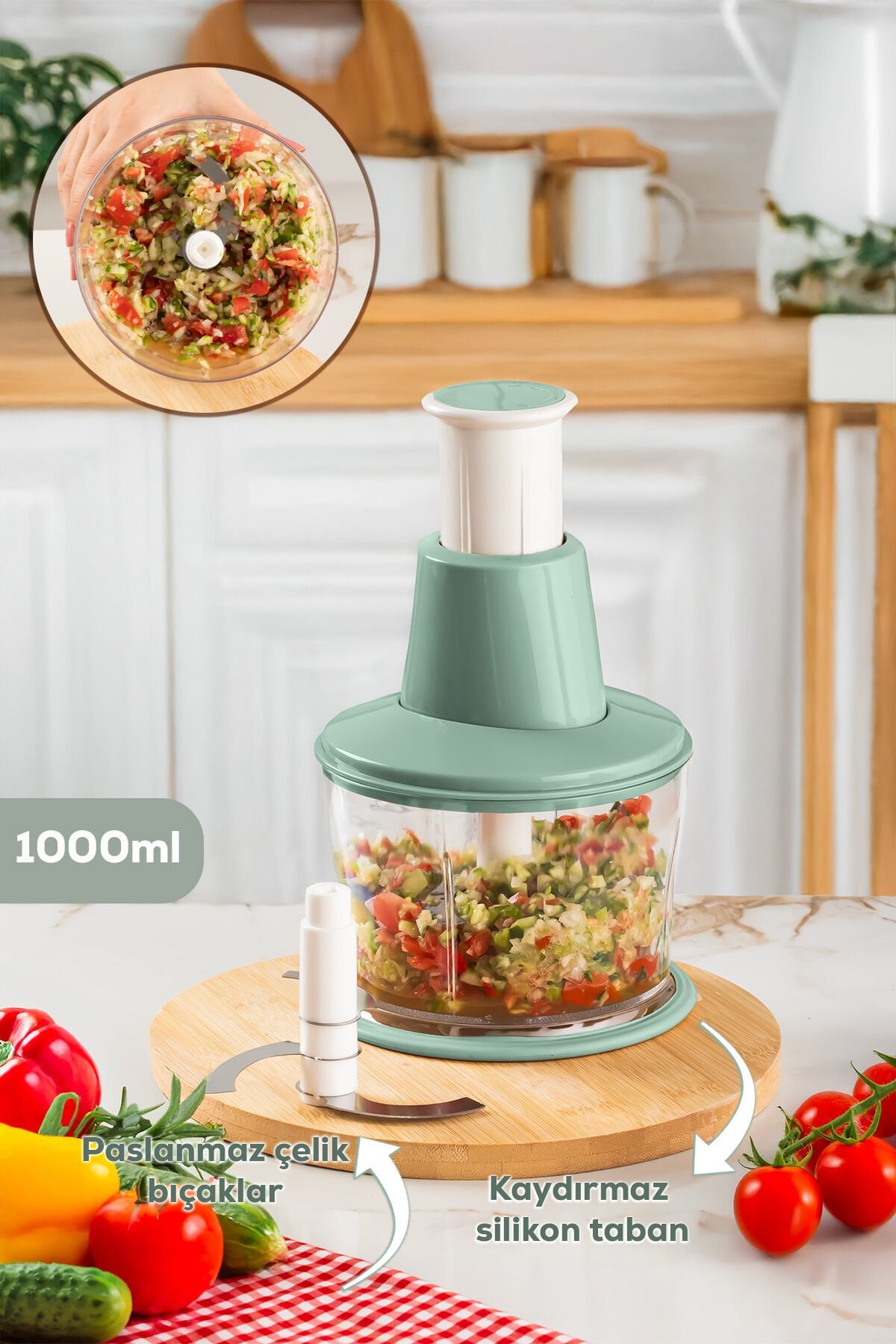 Porsima 232 Basmalı Pratik El Rondosu 3 Bıçaklı Blender Doğrayıcı 1000ml Yeşil