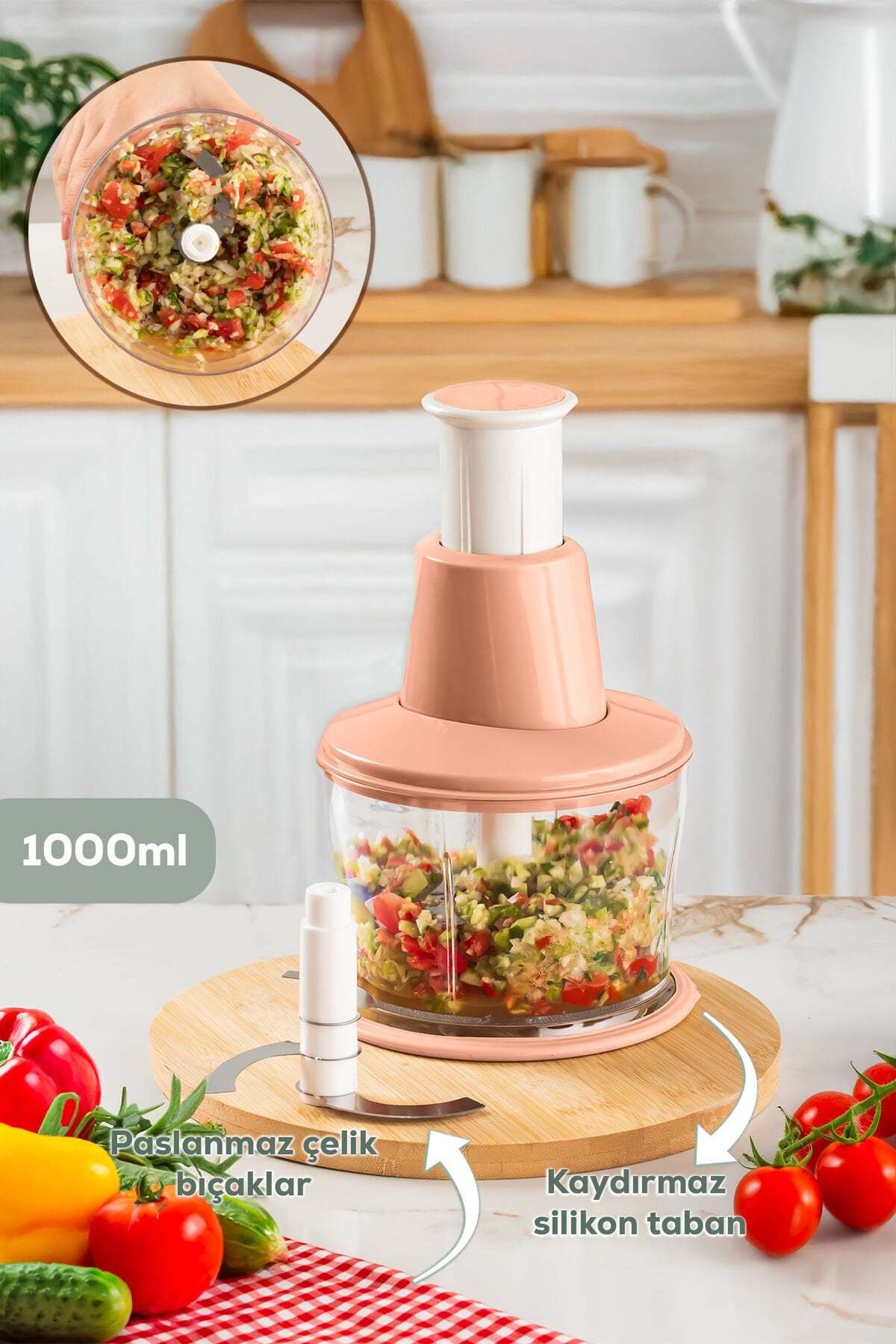 Porsima 232-1 Basmalı Pratik El Rondosu 3 Bıçaklı Blender Doğrayıcı 1000ml Pembe