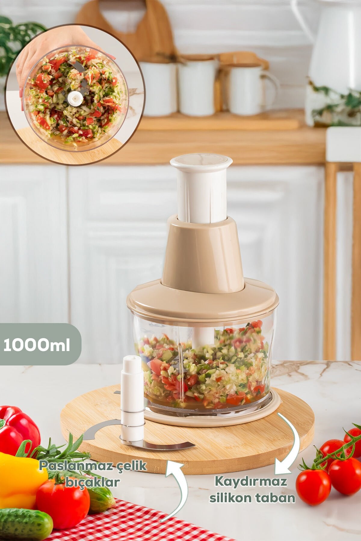 Porsima 232-2 Basmalı Pratik El Rondosu 3 Bıçaklı Blender Doğrayıcı 1000ml Kapicino
