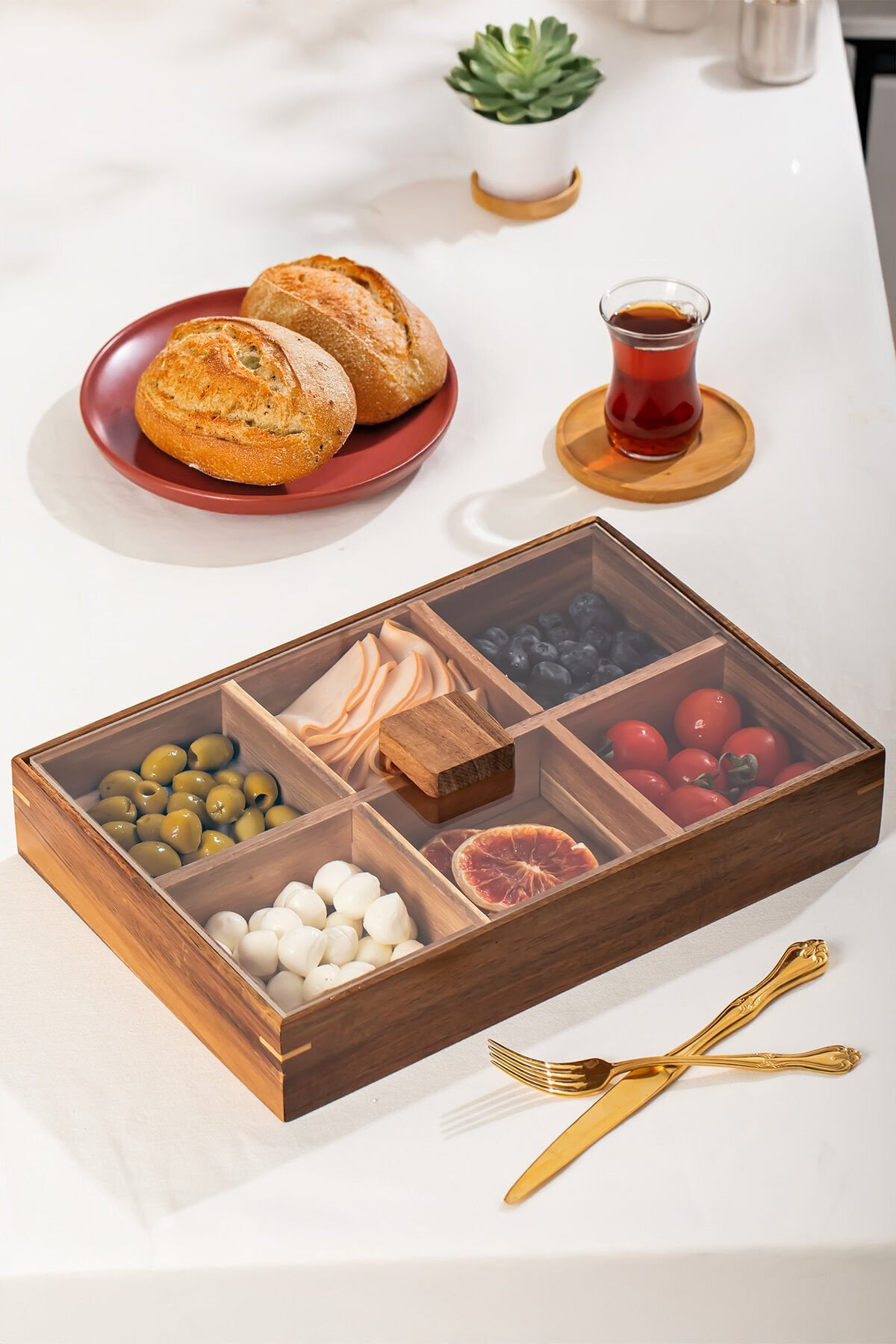 Porsima 76748 Akasya 6 Bölmeli Kapaklı Ahşap Bambu Çerezlik Sunumluk Saklama Kabı