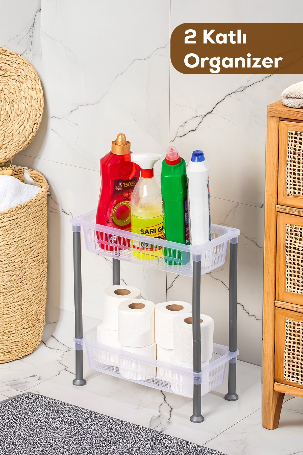 Porsima 5157 2 Katlı Raf - Çok Amaçlı 2 Katlı Evye Altı Düzenleyici Dolap Içi Tezgah Altı Organizer