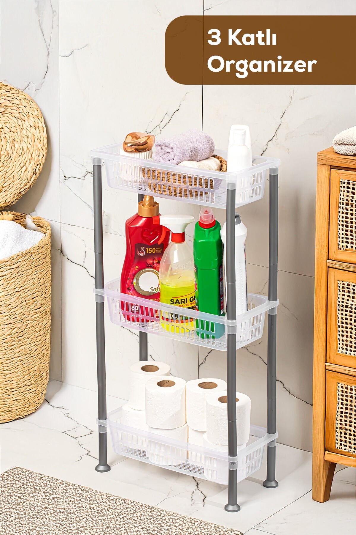 Porsima 5197 3 Katlı Raf - Çok Amaçlı 3 Katlı Evye Altı Düzenleyici Dolap Içi Tezgah Altı Organizer