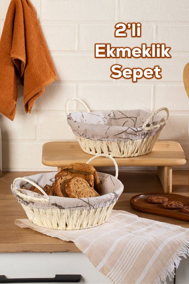 Porsima Mio-020 2li Hasır Görünümlü Kulplu Yuvarlak Ekmek Sepeti Beyaz 24,5cm