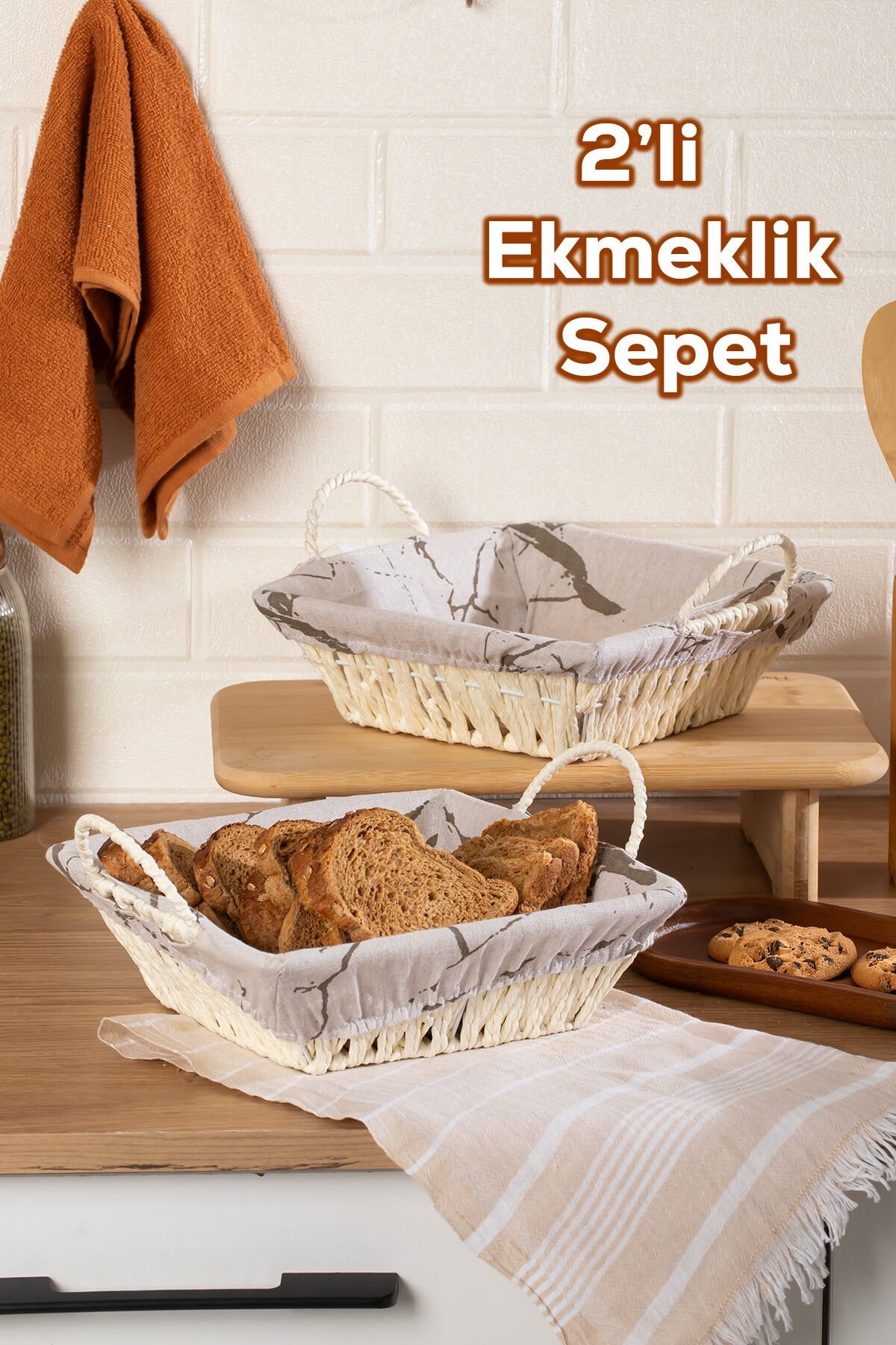 Porsima Mio-021 2Lİ Hasır Görünümlü Kulplu Kare Ekmek Sepeti Beyaz 25,5cm