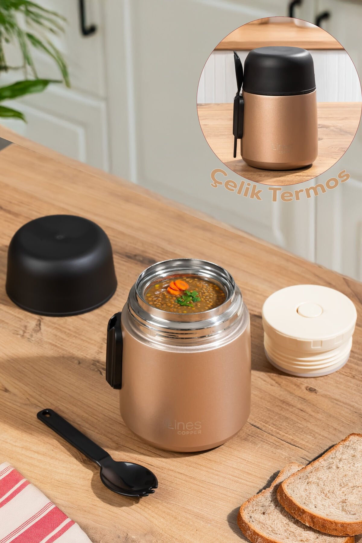 Porsima Paslanmaz Çelik Vakumlu Yemek Termosu Beslenme Kutusu Taşınabilir Lunch Box Sefer Tası Bronz 600ml