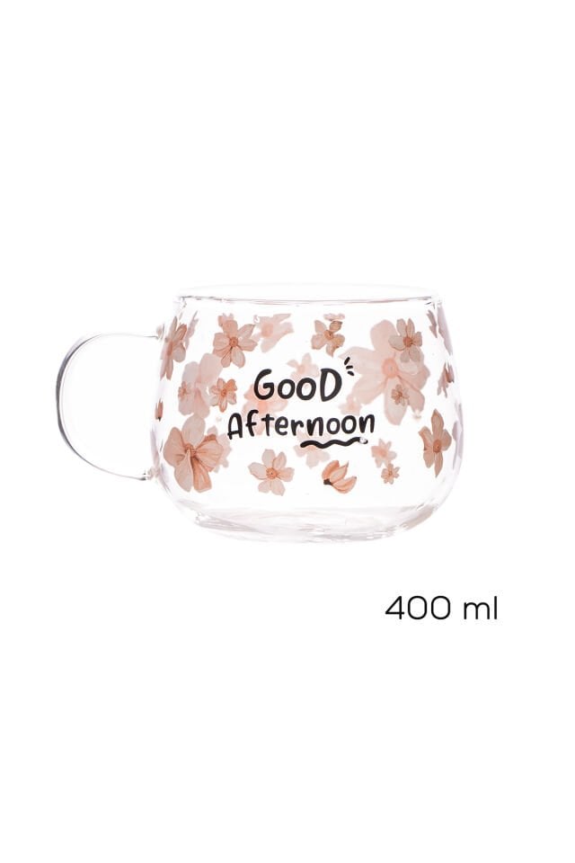 Porsima 2089-1 Borosilikat Isıya Ateşe Dayanıklı Cam Kulplu Çay Bardağı Kahve Bardak Kupa Pembe 400 ml