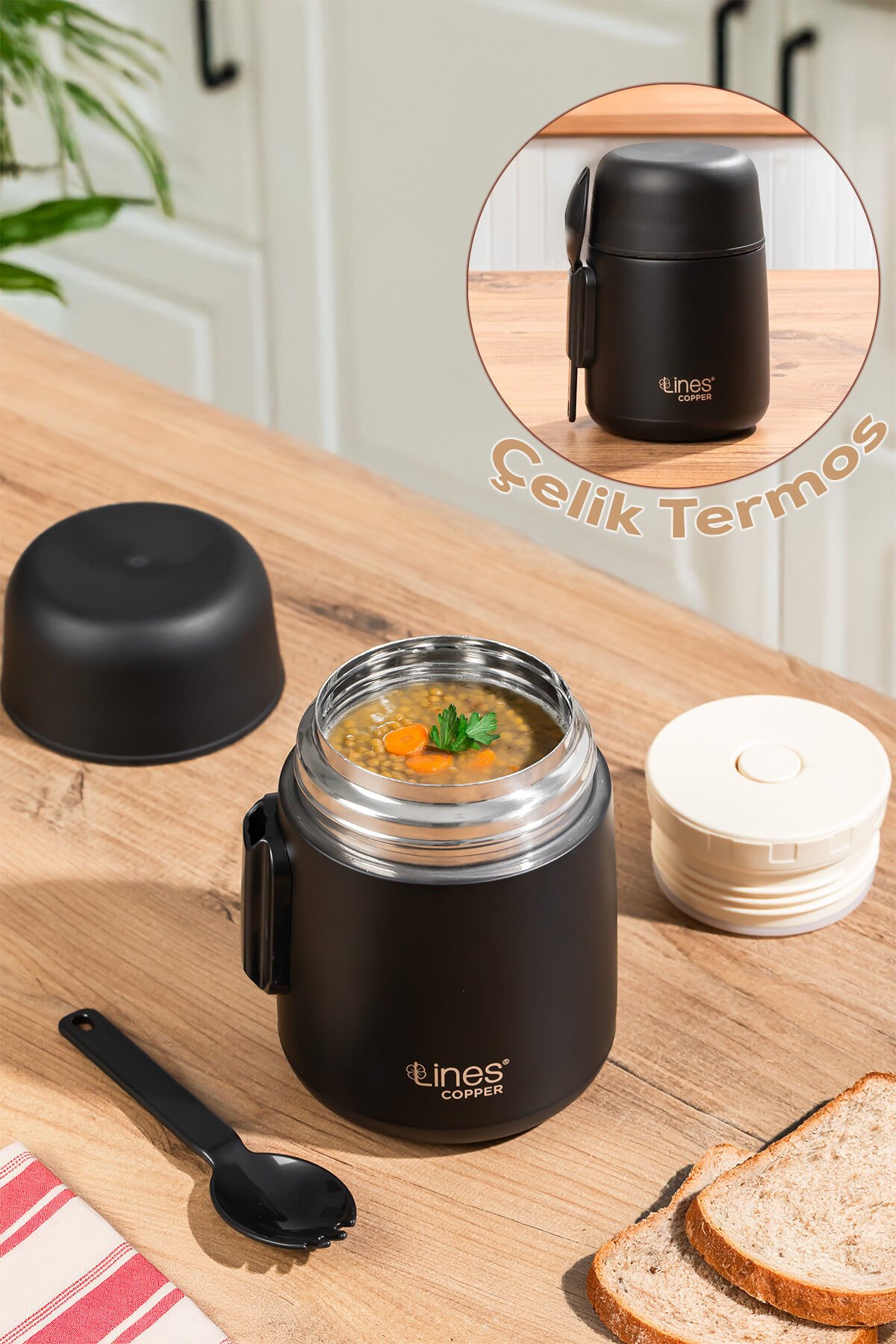 Porsima Paslanmaz Çelik Vakumlu Yemek Termosu Beslenme Kutusu Taşınabilir Lunch Box Sefer Tası Siyah 600ml