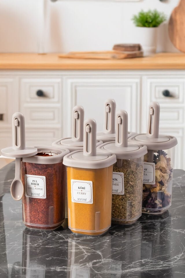 Porsima 4362 Kaydırmalı Kaşıklı Baharatlık Seti 6'lı Şeffaf - Cappucino