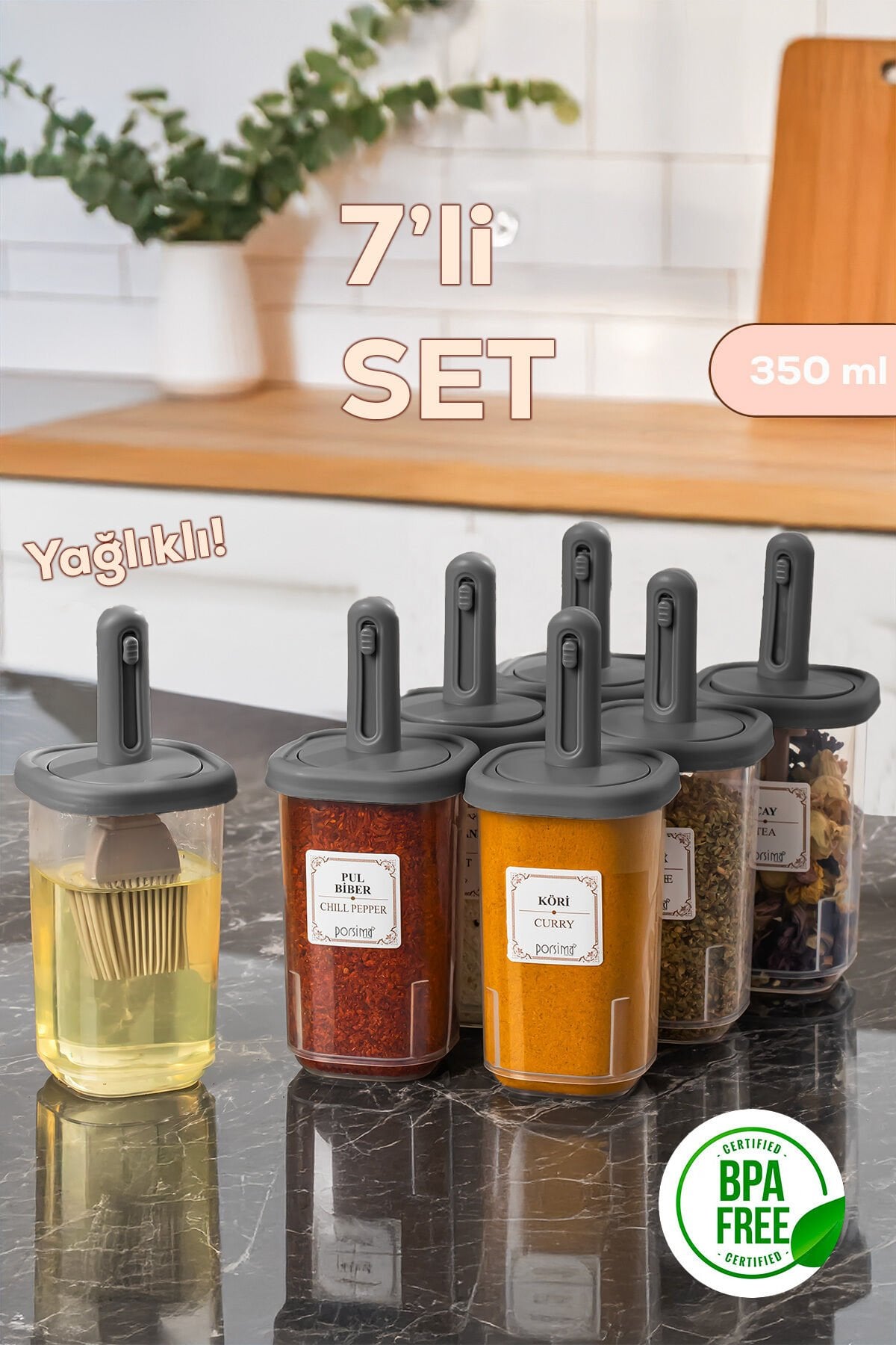 Porsima 4364 7li Kaydırmalı Kaşıklı Sızdırmaz Kapaklı Etiketli Yağlıklı Baharatlık Seti - Saklama Kabı