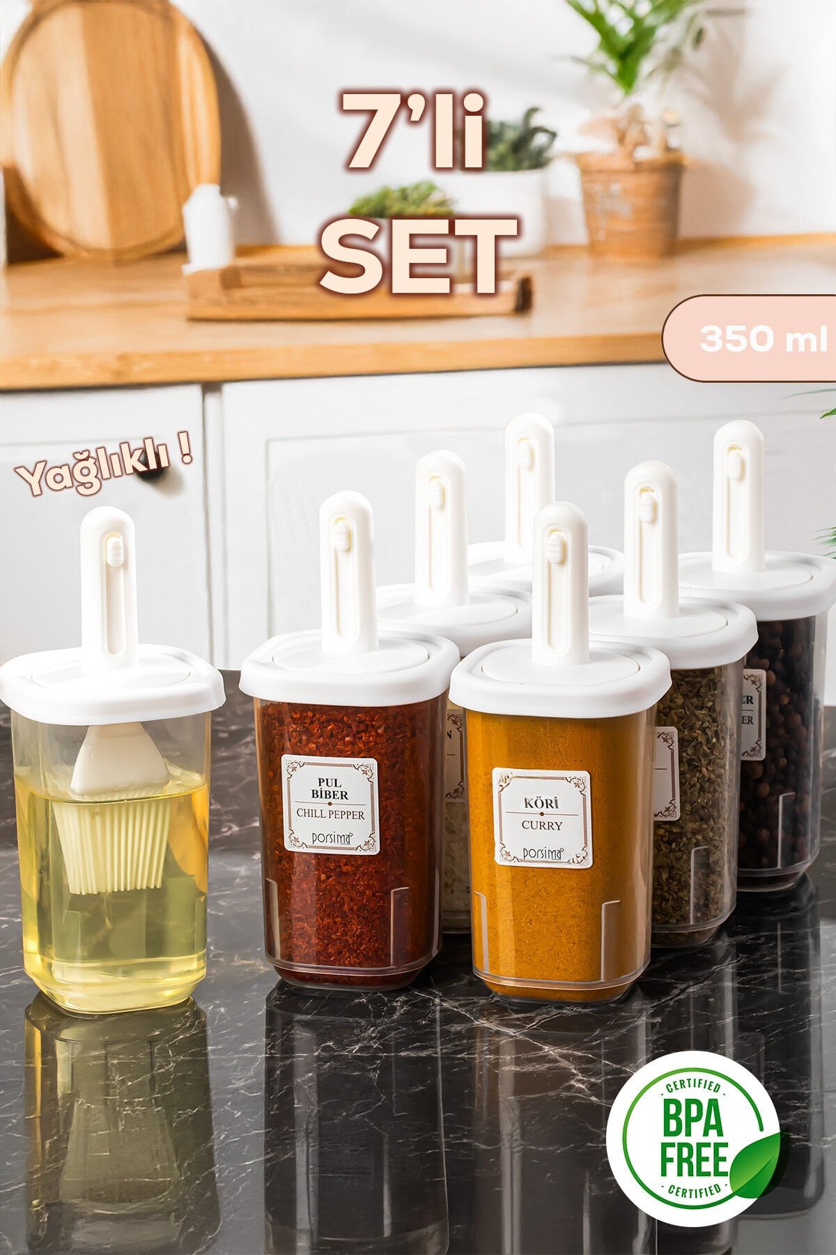 Porsima 4365 7li Kaydırmalı Kaşıklı Sızdırmaz Kapaklı Etiketli Yağlıklı Baharatlık Seti - Saklama Kabı