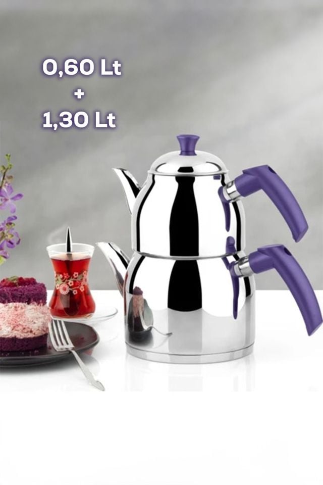 Yonca Firuze Mini Boy Paslanmaz Çelik İndüksiyon Taban Soft Kulp Çaydanlık Takımı 0,6 + 1,3 L Mor