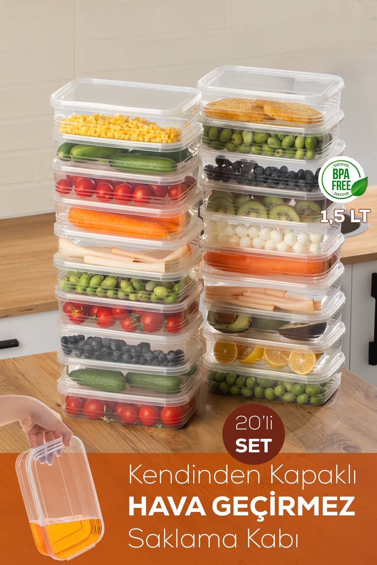 Porsima 4363-20 Kendinden Kapaklı Derin Dondurucuya Uygun 20 Adet Saklama Kabı Hava Almaz Düzenleyici 1,5lt