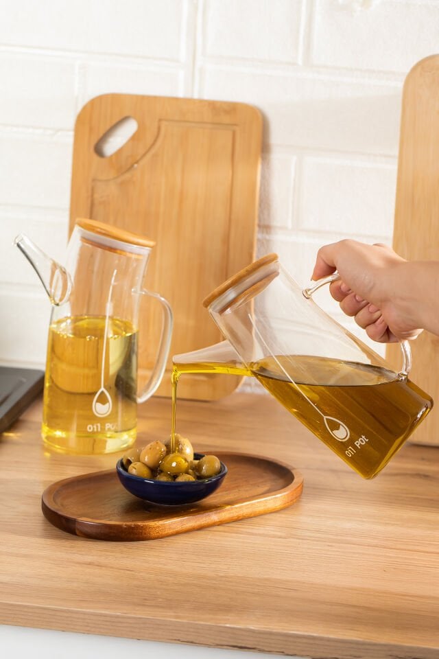 Porsima 2093 Bambu Kapaklı Vakumlu Borosilikat Cam Yağdanlık Yağlık Sirkelik 700ml