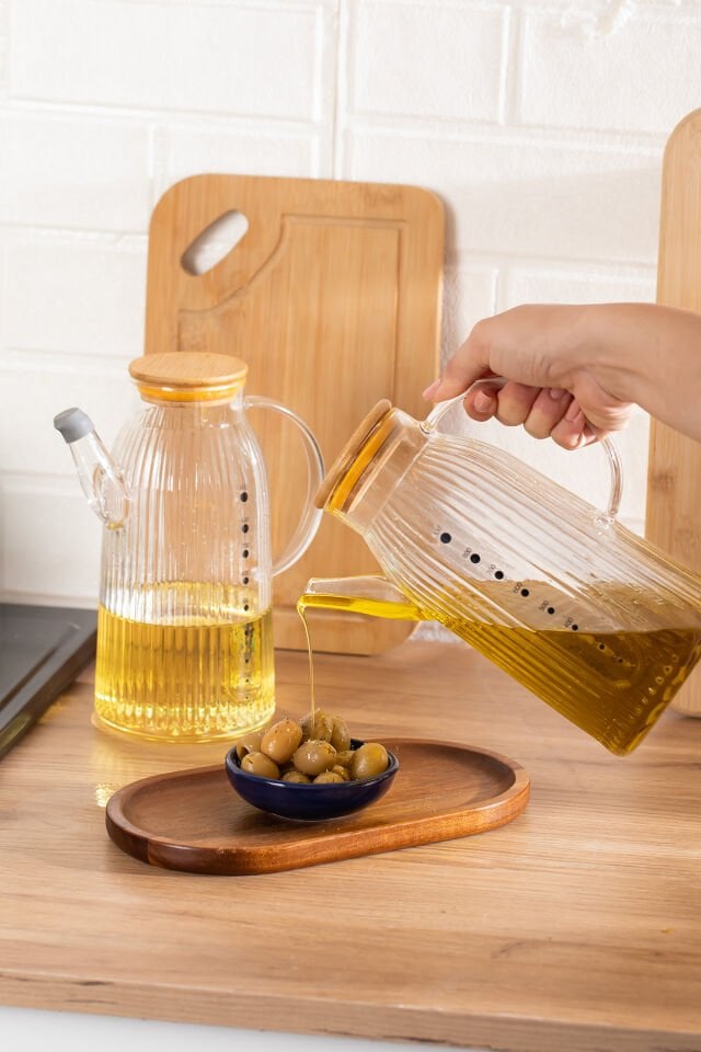 Porsima 2091 Bambu Kapaklı Vakumlu Ölçekli Borosilikat Cam 2li Yağdanlık Yağlık Sirkelik Seti 1000ml