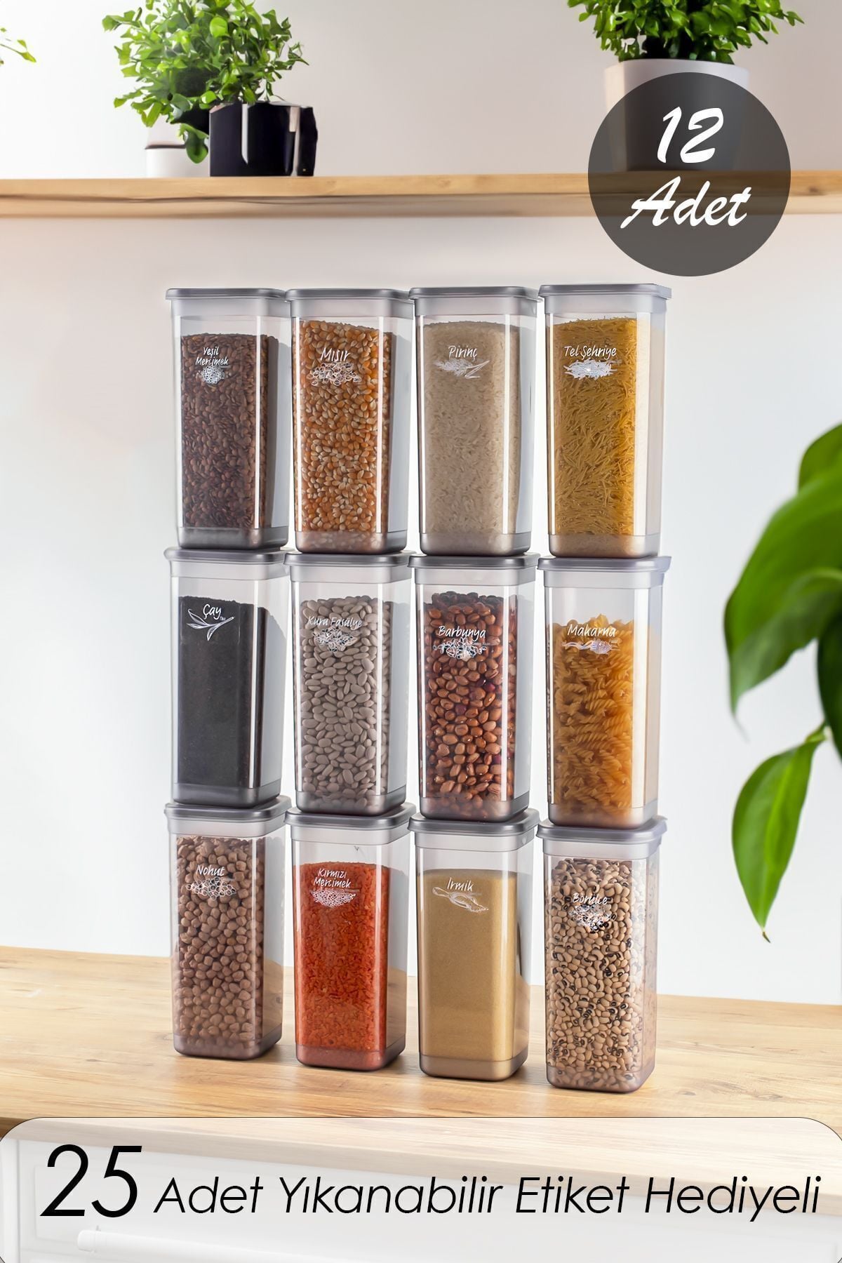 Porsima 432-gr 12 Li Etiketli Kare Un Erzak Bakliyat Saklama Kabı Takımı Seti 1.70 Lt - Gri