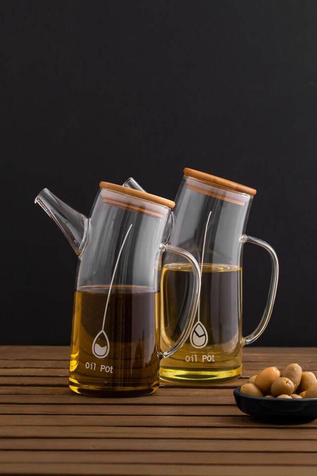 Porsima 2093 Bambu Kapaklı Vakumlu Borosilikat Cam 2li Yağdanlık Yağlık Sirkelik Seti 700ml