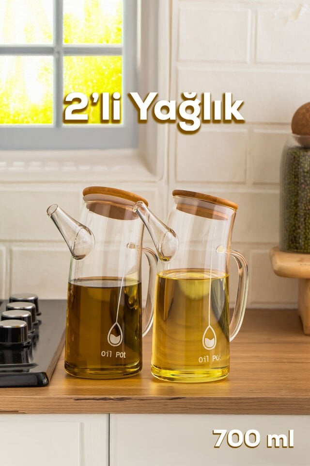 Porsima 2093 Bambu Kapaklı Vakumlu Borosilikat Cam 2li Yağdanlık Yağlık Sirkelik Seti 700ml