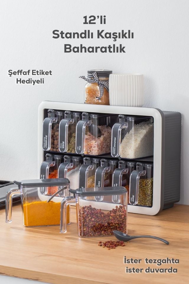 Porsima 1118 12li Standlı Etiketli Kendinden Yapışkanlı Kaşıklı Kapaklı Baharatlık Saklama Kabı Seti