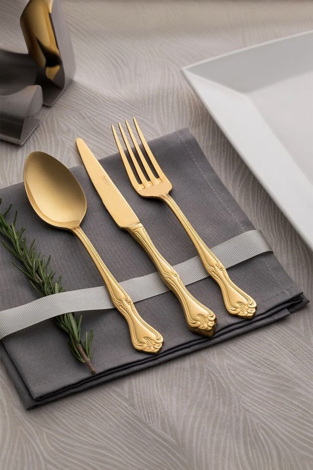 Nehir Lalezar Titanyum Gold Full Altın Parlak 89 Parça Kutulu Çatal Bıçak Set