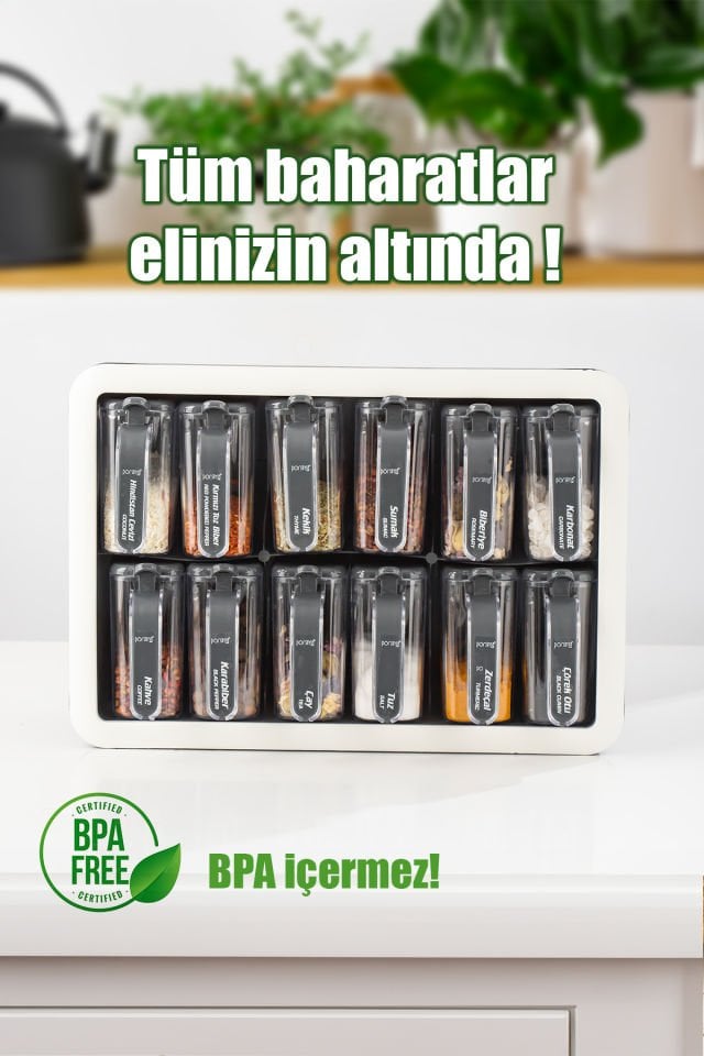 Porsima 1118 12li Standlı Etiketli Kendinden Yapışkanlı Kaşıklı Kapaklı Baharatlık Saklama Kabı Seti