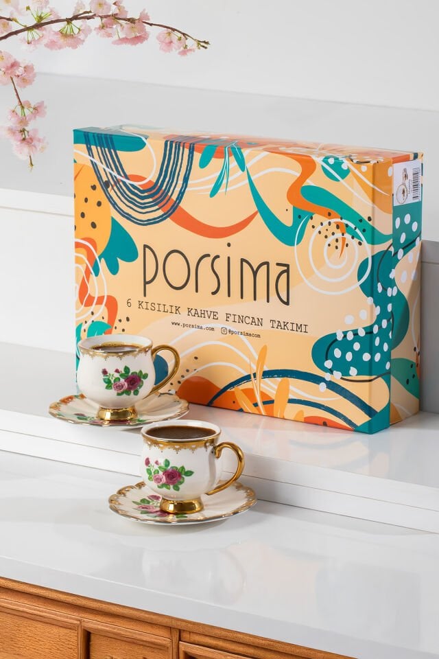 Porsima 3188 Rosemary 12 Parça Yaldızlı Porselen Türk Kahve Fincan Takımı