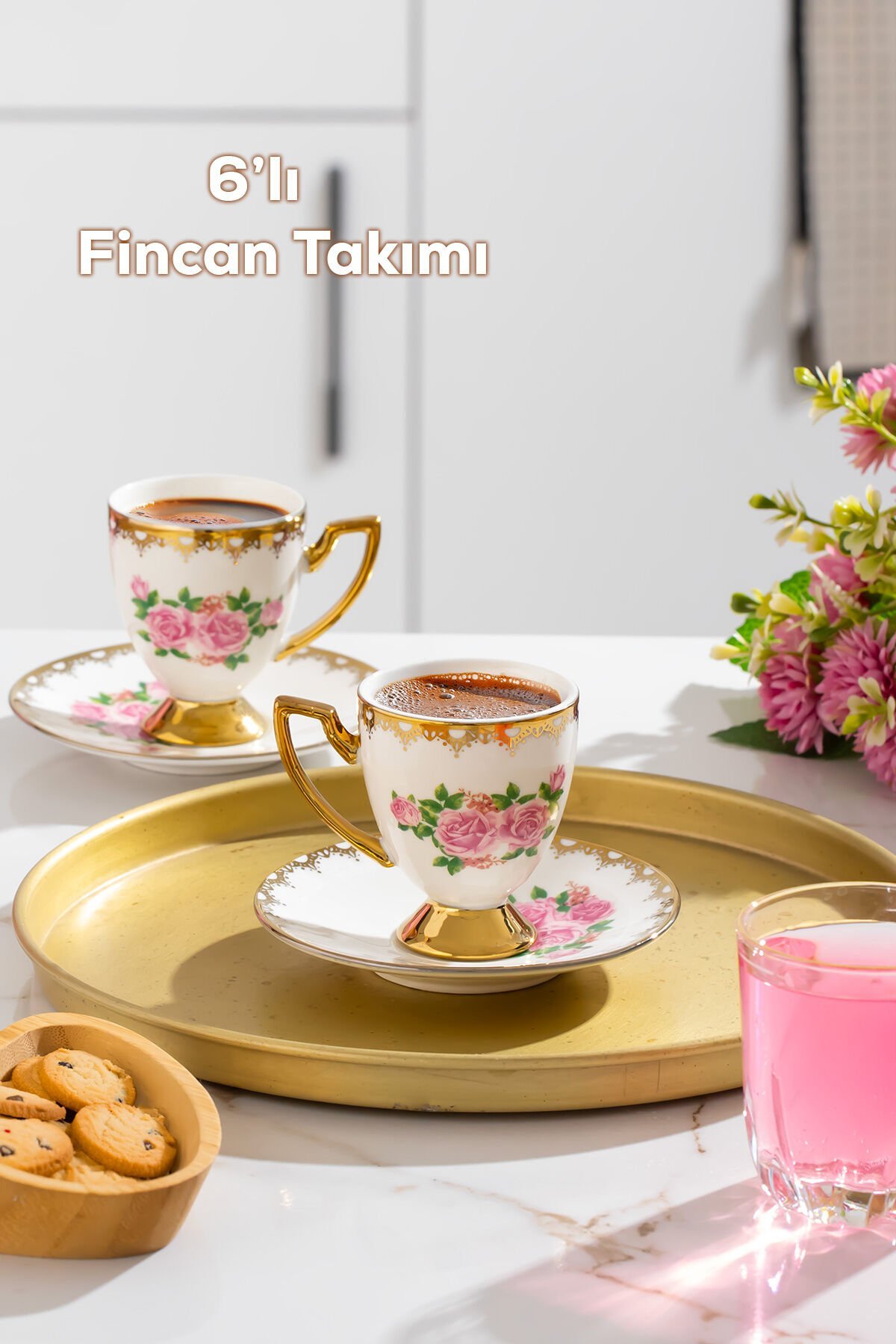 Porsima 3188 Rosemary 12 Parça Yaldızlı Porselen Türk Kahve Fincan Takımı
