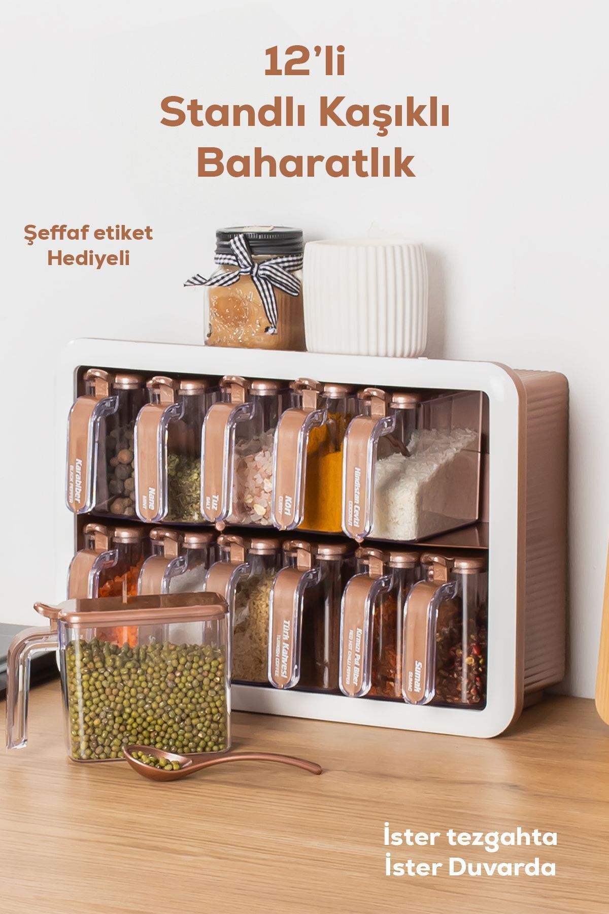 Porsima 1120 12li Standlı Etiketli Kendinden Yapışkanlı Kaşıklı Kapaklı Baharatlık Saklama Kabı Seti