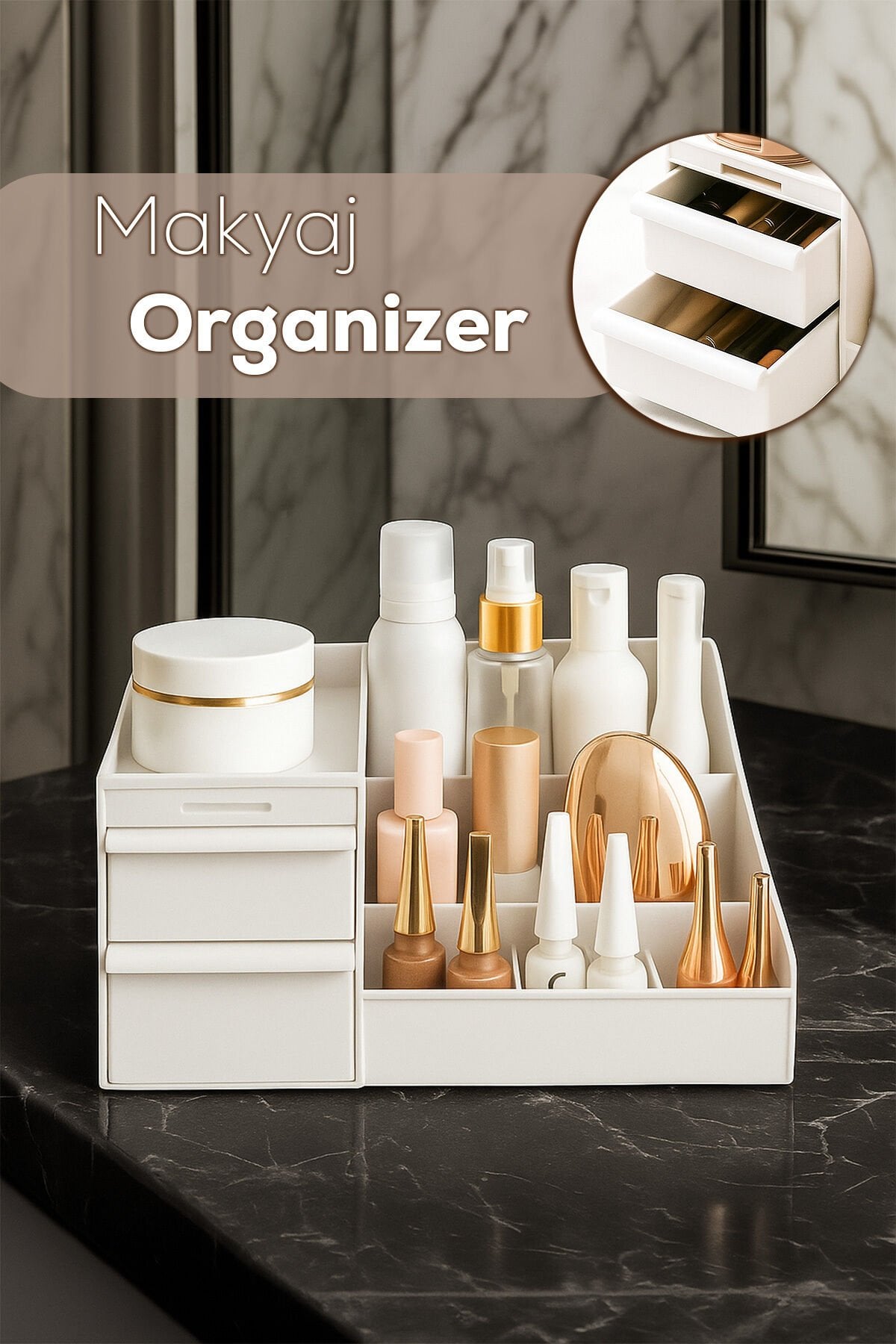 Porsima 5303 Çok Amaçlı Organizer 2 Çekmeceli Kozmetik Parfüm Krem Takı Makyaj Düzenleyici Beyaz