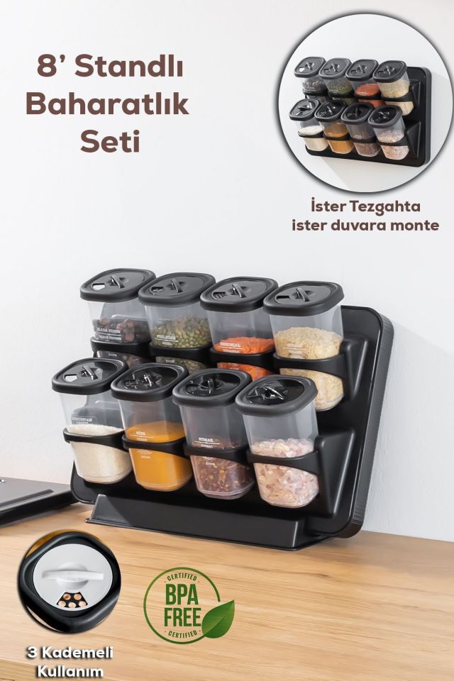 Porsima 1121 8li Etiketli Asmalı Kendinden Yapışkanlı Tezgah Üstü Standlı Döner Kapaklı Baharatlık Seti