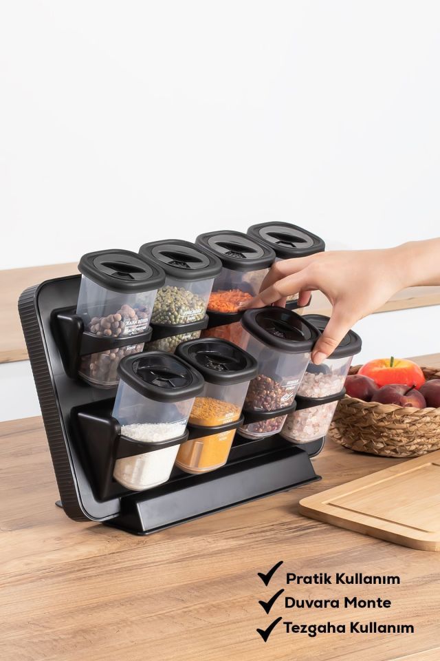 Porsima 1121 8li Etiketli Asmalı Kendinden Yapışkanlı Tezgah Üstü Standlı Döner Kapaklı Baharatlık Seti