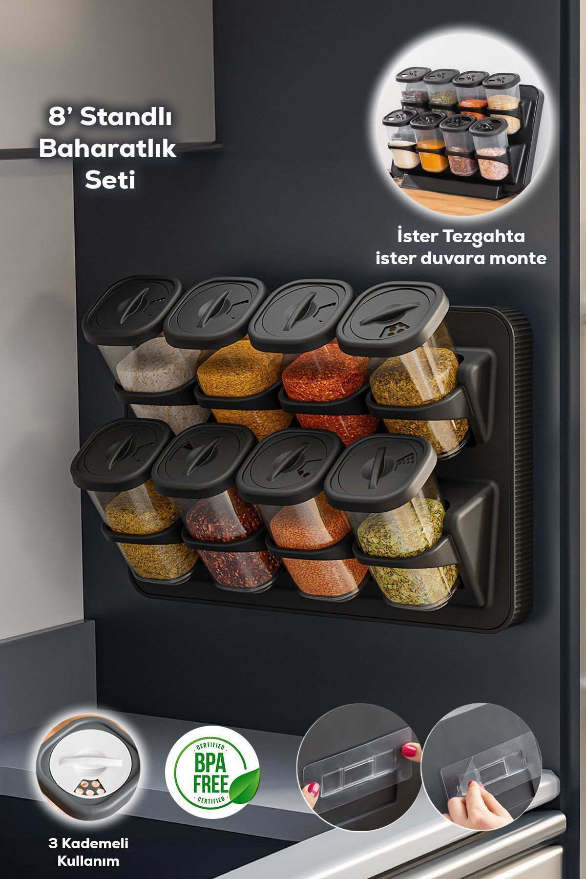 Porsima 1121 8li Etiketli Asmalı Kendinden Yapışkanlı Tezgah Üstü Standlı Döner Kapaklı Baharatlık Seti