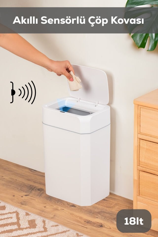 Porsima Me02 Hareket Sensörlü Sessiz Kapatma Çöp Kutusu Banyo Mutfak Çöp Kovası Kapaklı Banyo Çöp Kovası 18Lt