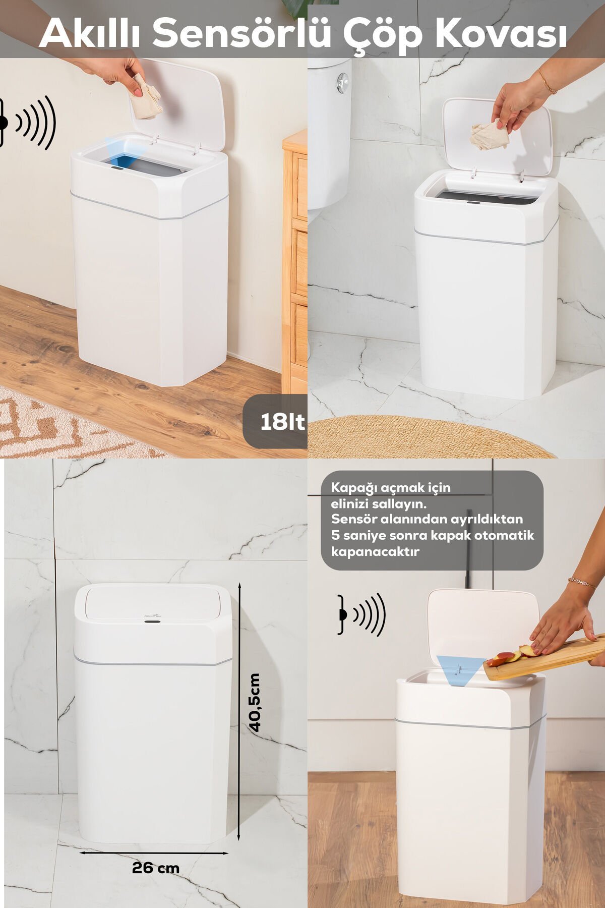 Porsima Me02 Hareket Sensörlü Sessiz Kapatma Çöp Kutusu Banyo Mutfak Çöp Kovası Kapaklı Banyo Çöp Kovası 18Lt